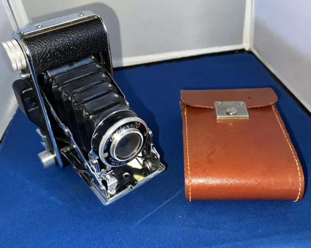 Cámara Foldex 20 vintage con estuche de cuero 1948 funcionando
