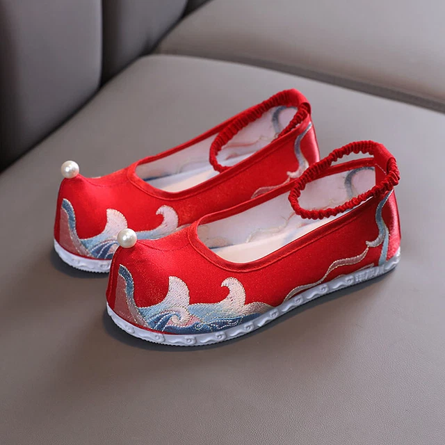 Cinese Bambino Ragazze Floreale Ricamato Rete Tela Scarpe Balletto Mocassini Per 2