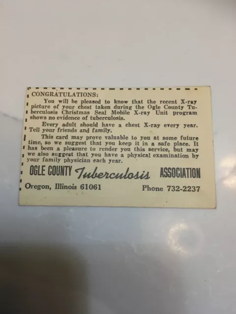 Vintage Results Card X-ray Screen Test for Tuberculosis Ogle County Oregon IL