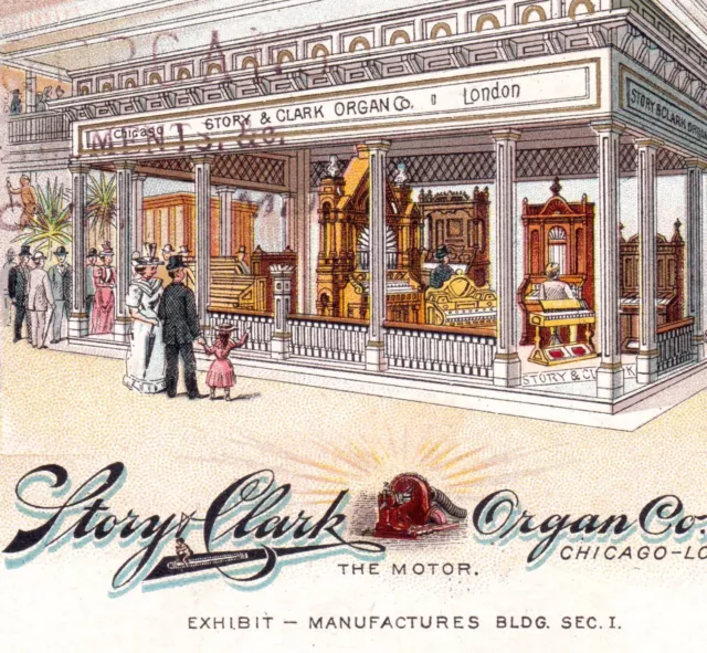 Exhibit 1893 Columbian Exposition Story & Clark Piano Organ Chicago Trade Card