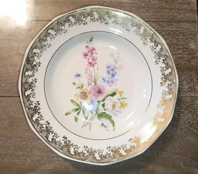 Assiette Creuse Décor Doré Et De Fleurs / Porcelaine De Limoges
