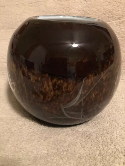 Art Glass Round Bowl or Vase with 3 Clear Windows Hand Blown Tortoiseshell/brown