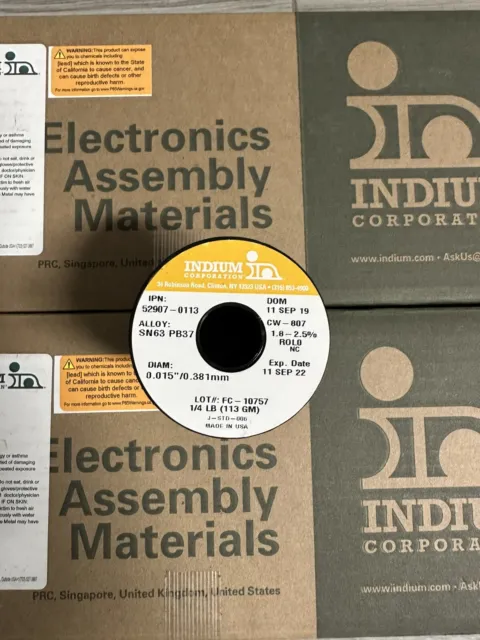 Indium 52907-0113 Solder Wire, No Clean, Leaded, Sn63Pb37, 0.015 in CW-807