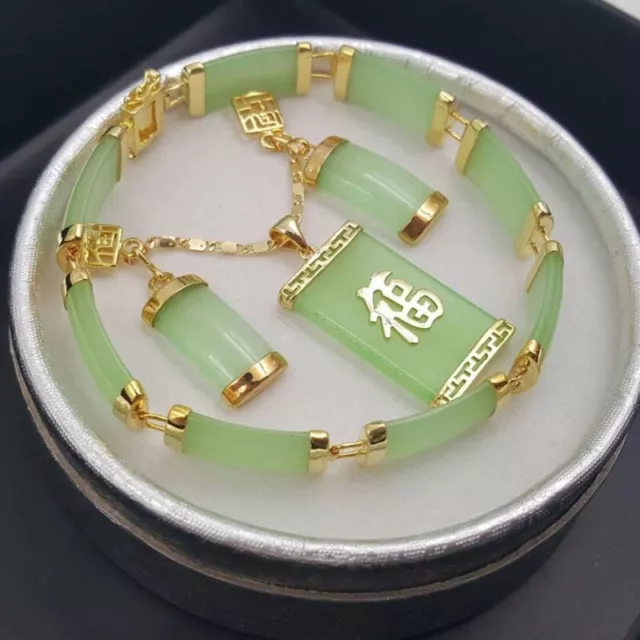 Lucky Green Jade 18K Gold Plated Bracelet Earrings Necklace Pendant Jewelry Set