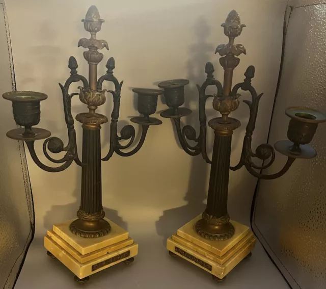 Antique French Pair Of candelabras Bronze on Marble Base Footed