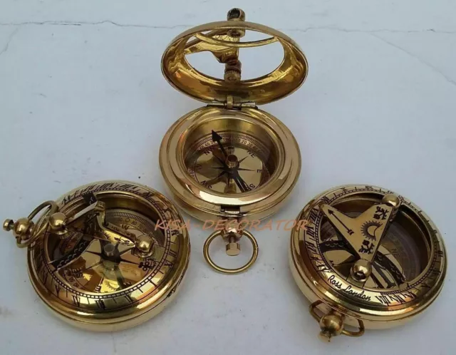 Set Of 3 Vintage Maritime Sundial Brass Push Button Collectible Pocket Compass