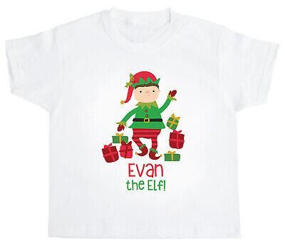 Childrens Personalised Christmas Elf T-Shirt Boys Kids T Shirts Santa Elves Top
