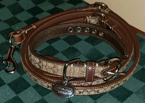 New Coach Signature Jacquard Khaki Brown Xs Dog Collar & S Leash Set