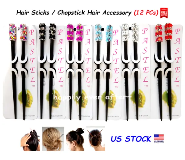 6 PC Fashion Hair Sticks - Rhinestone Beads Hair Sticks/ Hair Chopstick US STOCK