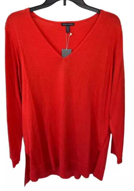EILEEN FISHER V-NECK Tunic Sweater 100% Merino Wool Red Size Large $75. ...