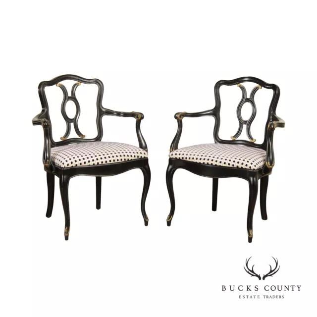 French Louis XV Style Pair of Carved Ebonized Dining Armchairs French Louis XV Style Pair of Carved Ebonized Dining Armchairs