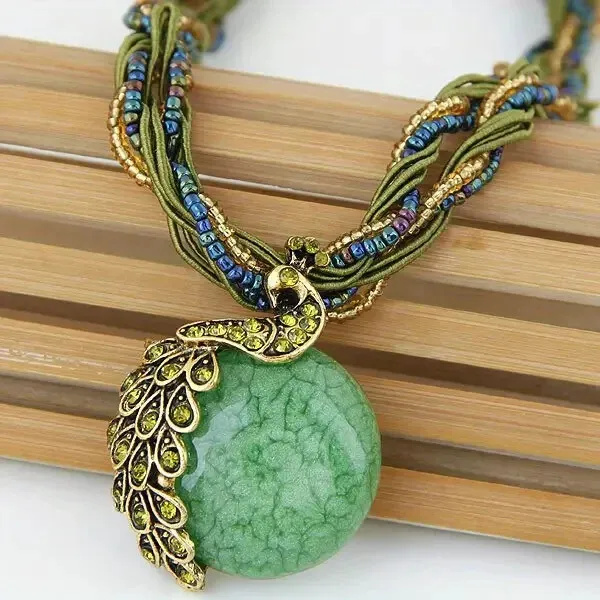 Green Bohemian Ethnic Stylish Retro Leaf Peacock Gemstone Pendant Necklace Women