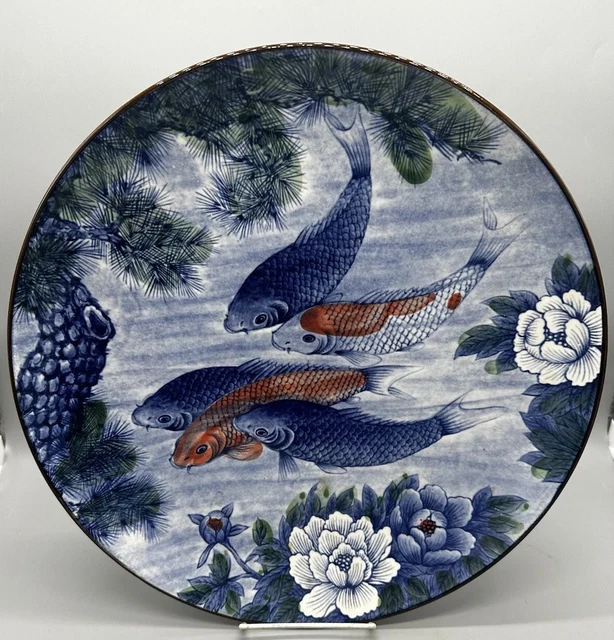 VTG Japanese Sun Ceramics Blue White Red Koi Fish Porcelain Charger Plate 14"