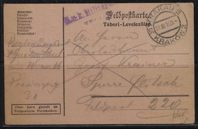 Poland 1916 Wwi Military Free Frank Postal Card Krakow Dated Cancel 19 3 1916