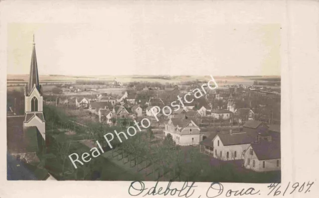 RPPC 1907 Odebolt Sac County Iowa Birds Eye View of Town Church Steeple Postcard
