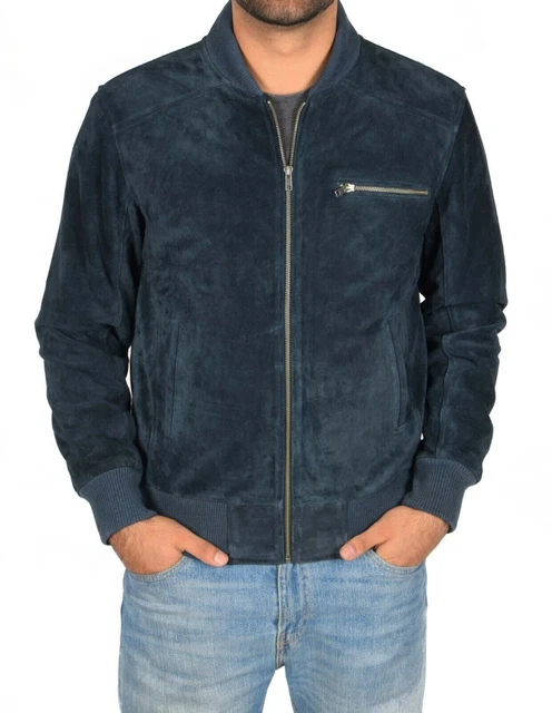Veste Camionneur En Cuir Daim Véritable Bleu - Style Motard Rétro, Neuf Avec étiquettes