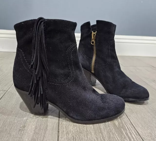 SAM EDELMAN Women Louie Black Suede Fringe Block Heel Ankle Boots 7.5M