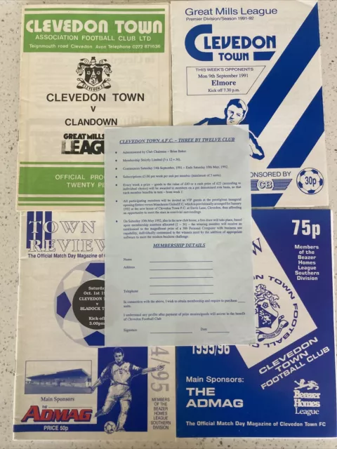 Clevedon Town Football Programmes and 1991 Membership Form Non League Job Lot