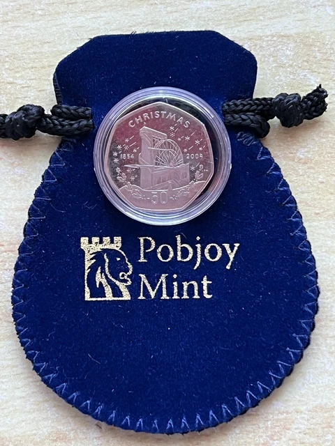 2004 Isle of Man Christmas 50p ✨ Snowy Laxey Wheel Coin ✨ Pobjoy Mint Bell Pouch