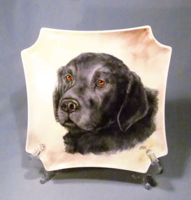 Hand Painted Artist Signed Black Lab Labrador Retriever Dog Porcelain Plate