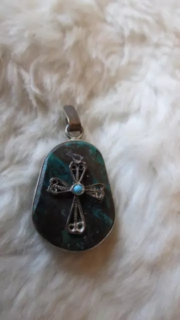 Vintage Sterling Silver Boulder Turquoise Filigree Cross Oval Pendant