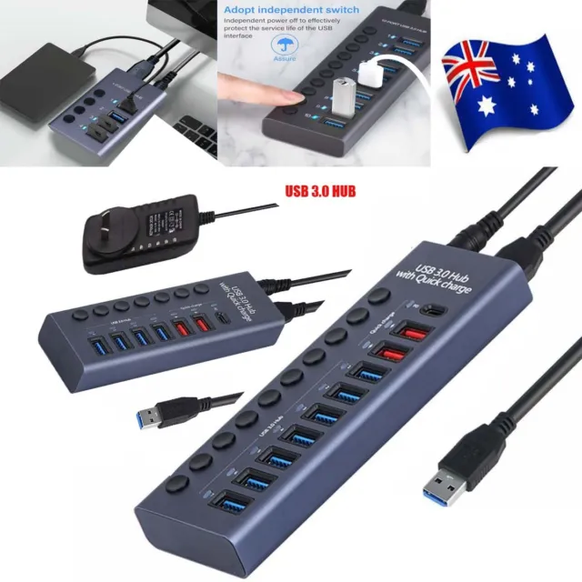 4 7 10 Ports USB 3.0 HUB Powered + High Speed Splitter Extender AU Power Supply