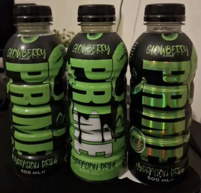 3 x Prime Hydration Glowberry Drink Bottle Set Standard, Rare & Ultra Rare Holo