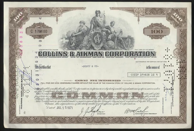 Collins &  Aikman stock certificate 100 shares 1971 automotive interiors