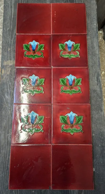 SET OF 10 RECLAIMED ART NOUVEAU AND RED ANTIQUE FIRE TILES Ref M1856