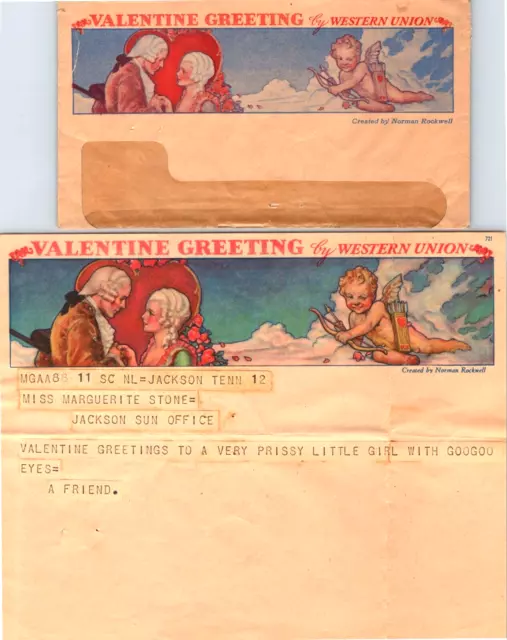 NORMAN ROCKWELL ARTWORK  Valentine Greeting By Western Union Telegram 1930s b