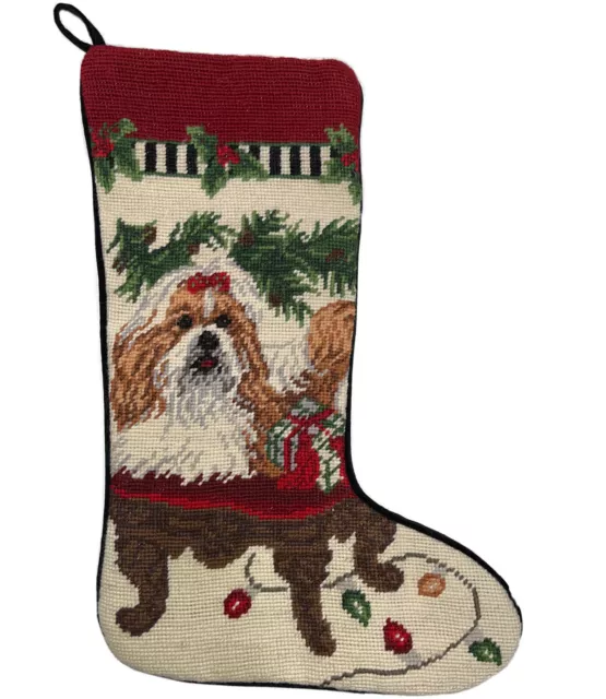 Shih Tzu Christmas Stocking  VTG Wool Needlepoint Dog Pup  X-Mas Holiday Pets