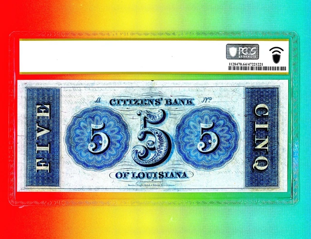 1850s Louisiana New Orleans Citizens Bank $5 Obsolete PCGS 64 Perfect Margins