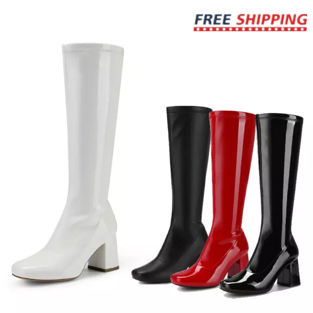 Women Chunky Block Heel Gogo Boots Square Toe Zip Up Fashion Knee High Boots