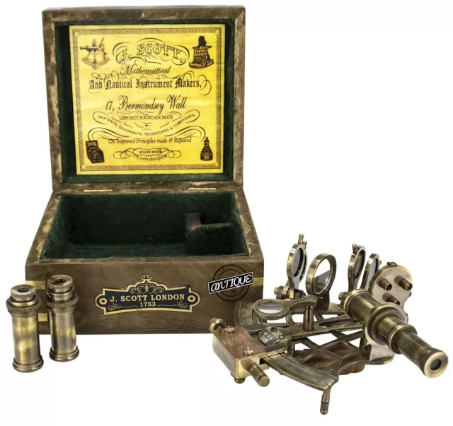 Vintage Nautical Brass Sextant w/ Wood Box Sailor Sea Navigation Compass Antique 2