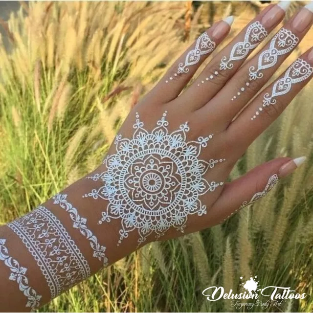 Kit Tatouage Temporaire Henné Blanc Autocollants, Mandala, Mehndi, Fleur, Main, Femmes 2