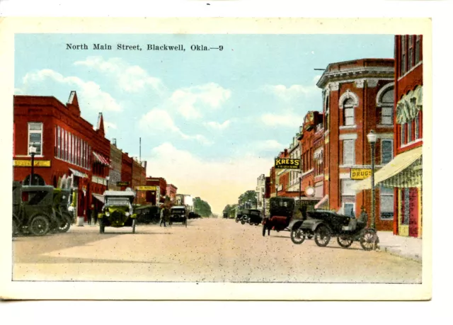 North Main Street Scene-Old Cars-Downtown-Blackwell-Oklahoma-Vintage Postcard