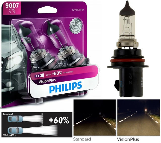 Philips VisionPlus 9007 HB5 Headlight Bulbs – 65/55W Halogen Upgrade, 3300K