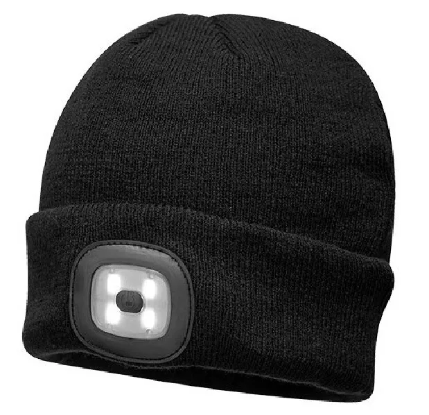 Unisex LED Akkubetriebener Scheinwerfer Beanie Strickmütze schwarz 3 Helligkeitsset