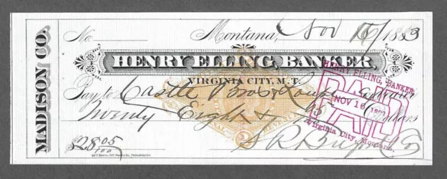 1883 Virginia City Montana Territory Check RN-G1