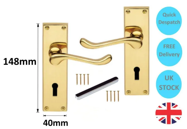 Internal Locking Door Handle Set Brass Finish +64mm 3 Lever Sash Lock +2 keys 2