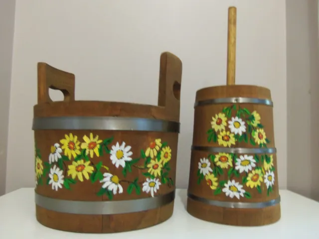 Vintage 70's Basketville Wooden Bucket and Decorative Butter Churn Set Painted