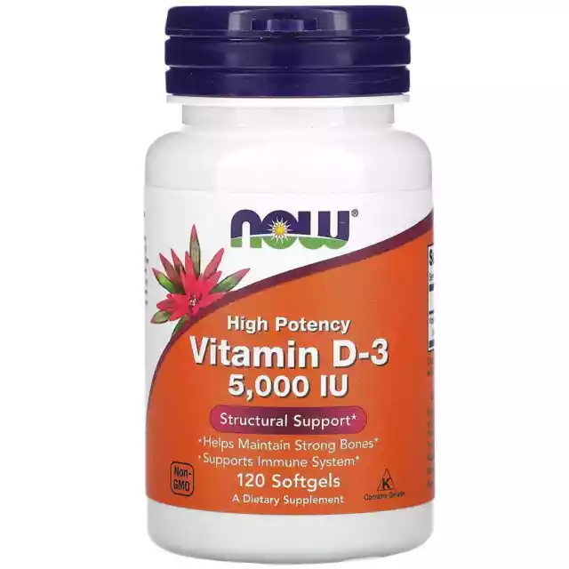 NOW Foods Vitamin D3 5000 IU 120 SoftGel Tablets Strong Bones & Teeth, Immunity