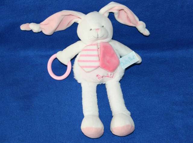 Babynat Doudou Lapin Pantin Layette Rose Blanc Anneau Pouet Ref Bn0102 Etat Neuf
