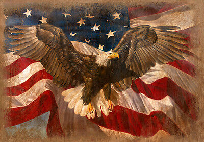 Beautiful Oil painting America National flag with flying bird hawk on canvas