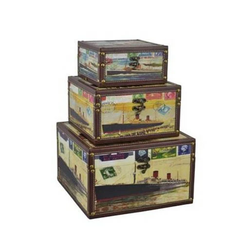 Deko-Holzboxen 3er-Set Postkarten-Motiv Caja Almacenamiento Decoradas Madera