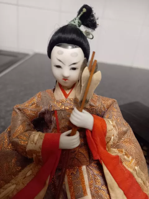 Vintage Japanese Hina Doll  with silk costume and on wooden stand