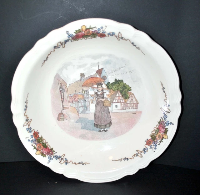 Grand plat creux OBERNAI faïence Sarreguemines "alsacienne ombrelle Alsace" 32cm