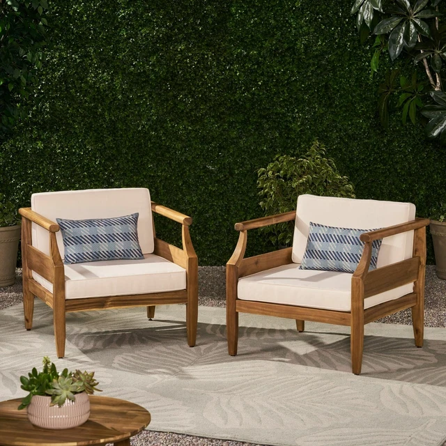 BIANCA OUTDOOR MIDCENTURY Modern Acacia Wood Club Chair With Cushion