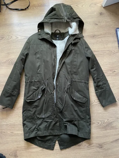 H & M long khaki Green borg lined parka coat size M/L 50 VGC Very Warm ...