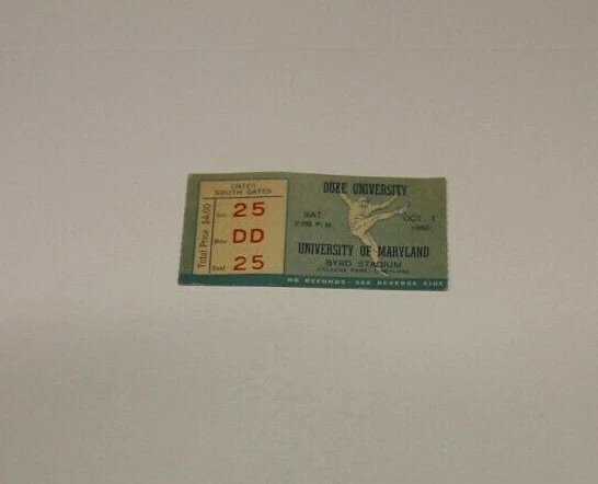 1960 Maryland Terps Vs Duke Devils Ncaa Football Ticket Stub Rare Good Condition